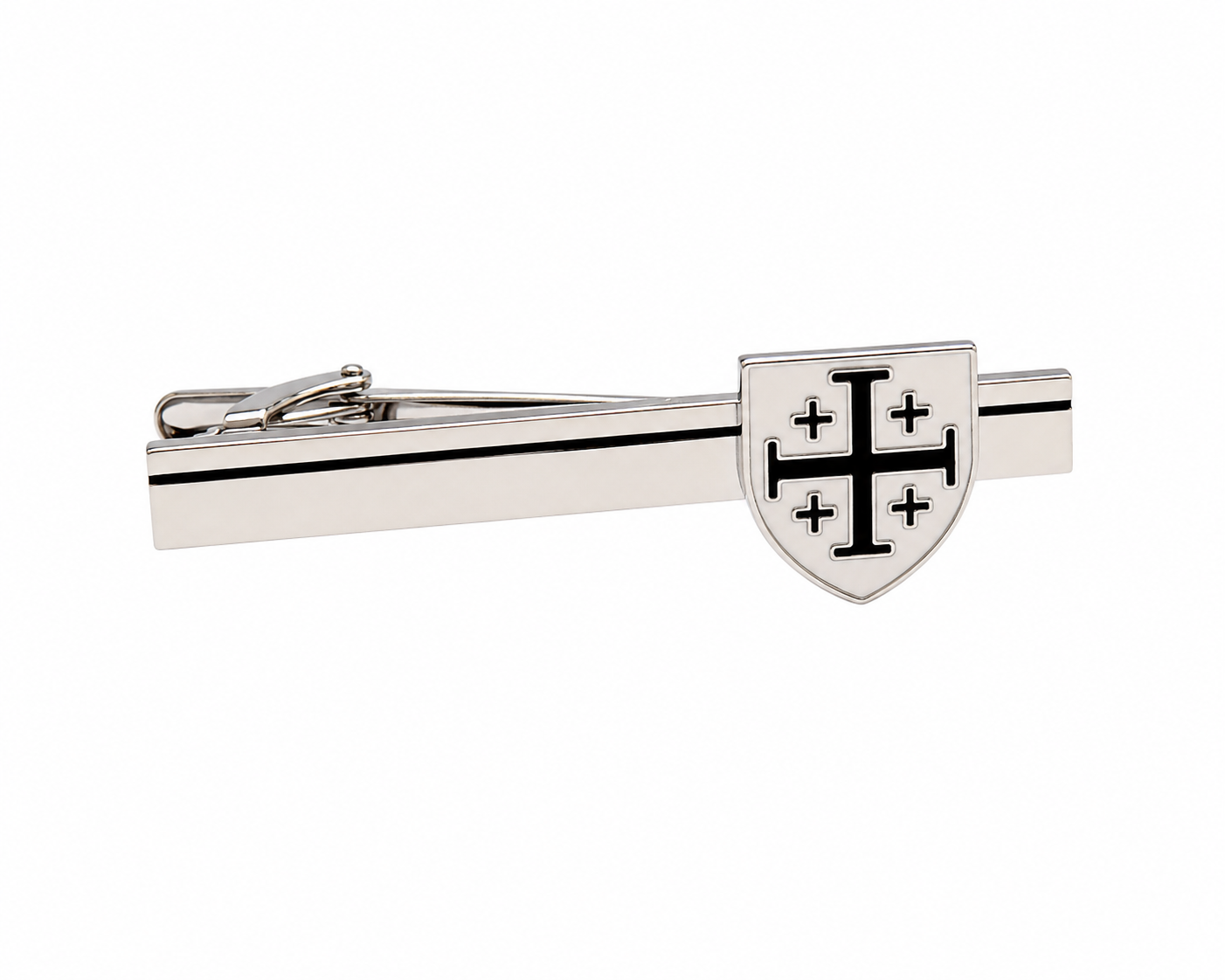 Black and white enamel Jerusalem Cross tie clip in polished silver for Christian men by Faithful Gentleman.