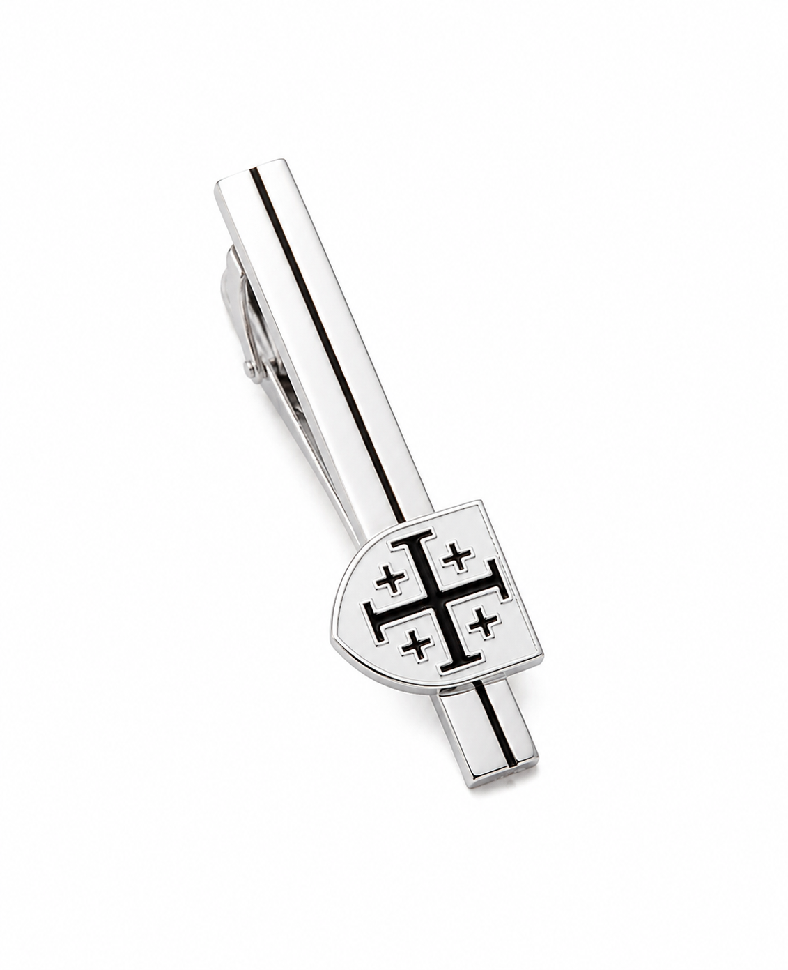 A silver-toned metal tie clip featuring a shield-shaped pendant with a black Templar cross and small crosses, accented by two vertical black stripes on the bar, shown against a plain white background.