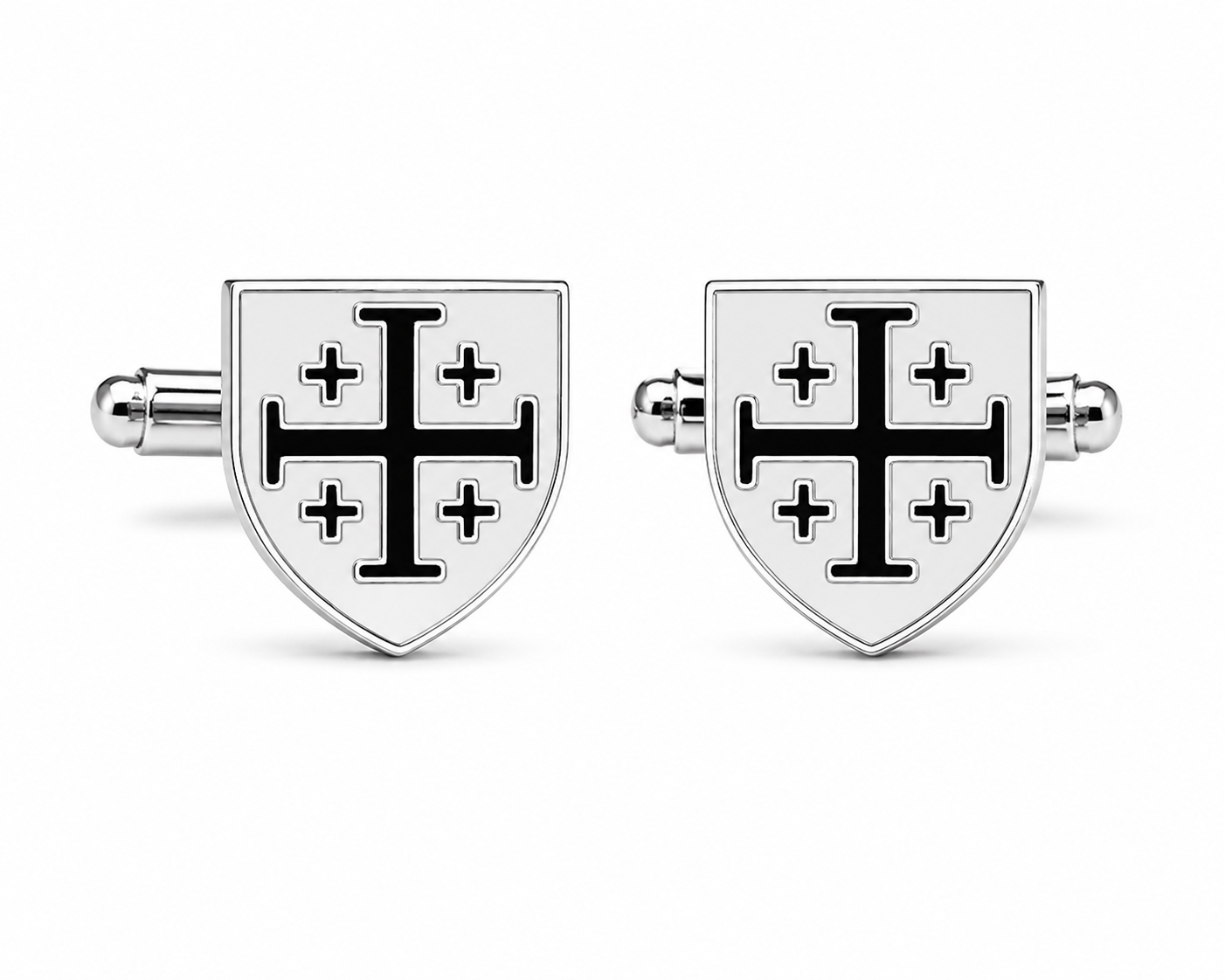 A pair of silver-toned shield-shaped cufflinks featuring a black Templar cross design with small crosses inside, shown on a clean white background.