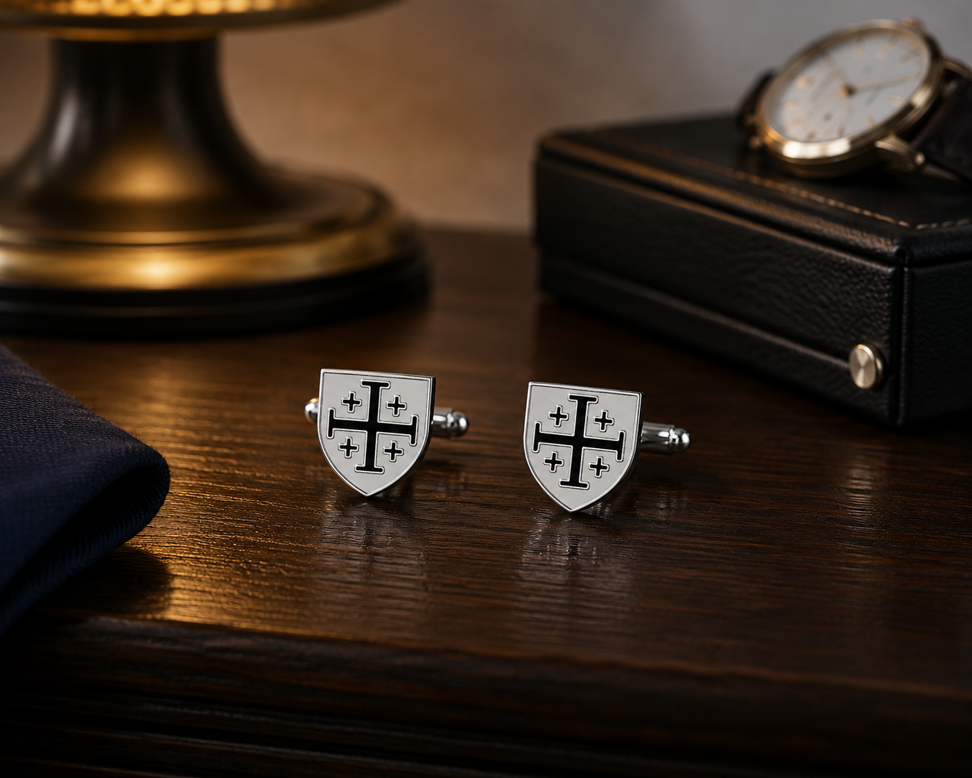 A pair of silver-toned shield-shaped cufflinks with a black cross motif, displayed on a dark wooden table next to a folded navy cloth, with a lamp base and a watch box in the background.
