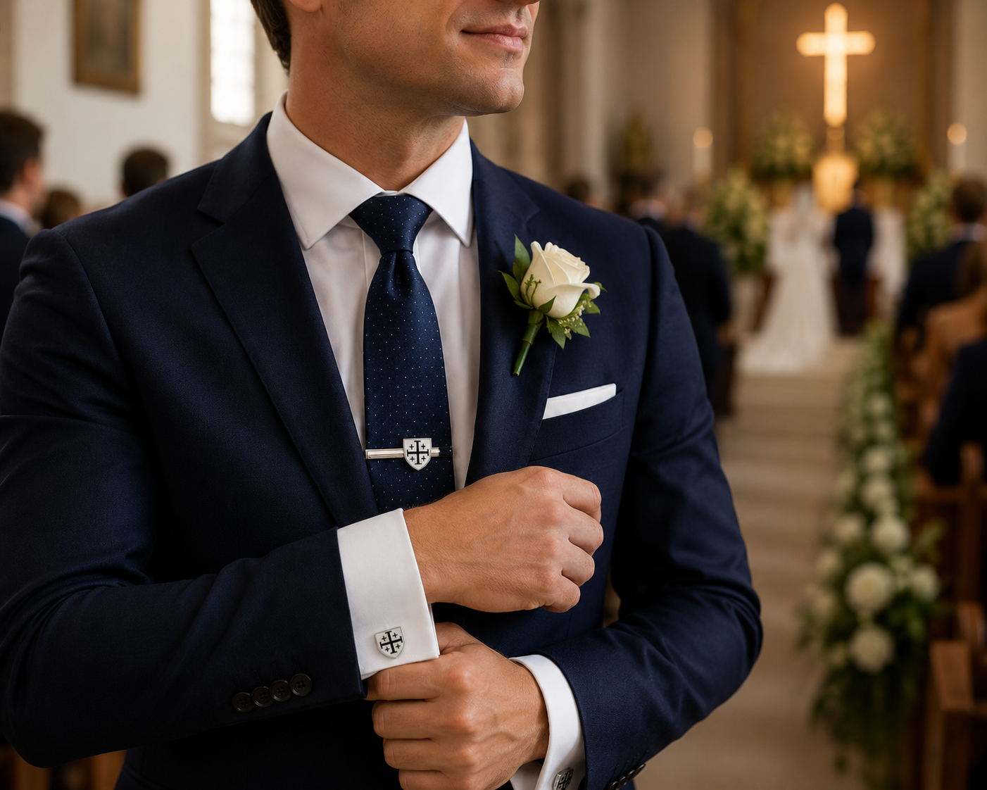 A man in a navy blue suit, white dress shirt, and matching navy tie adjusts his cuff while wearing a white rose boutonniere. The background shows a softly blurred church interior with a cross and pews.