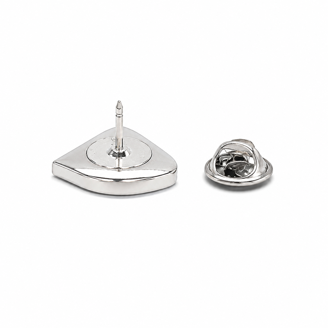 A silver triangular pinback earring shown from the back, displaying the flat triangular backing and the butterfly clutch clasp on a clean white background.