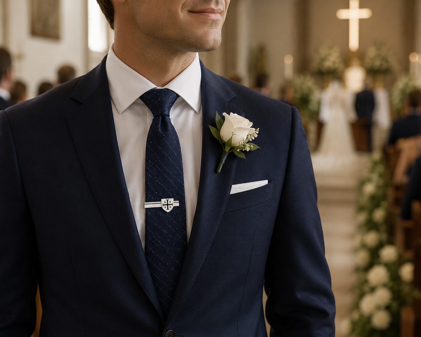A close-up of a man in a navy blue suit, white dress shirt, and patterned navy tie, wearing a white rose boutonniere and a silver cross tie clip in a church setting.