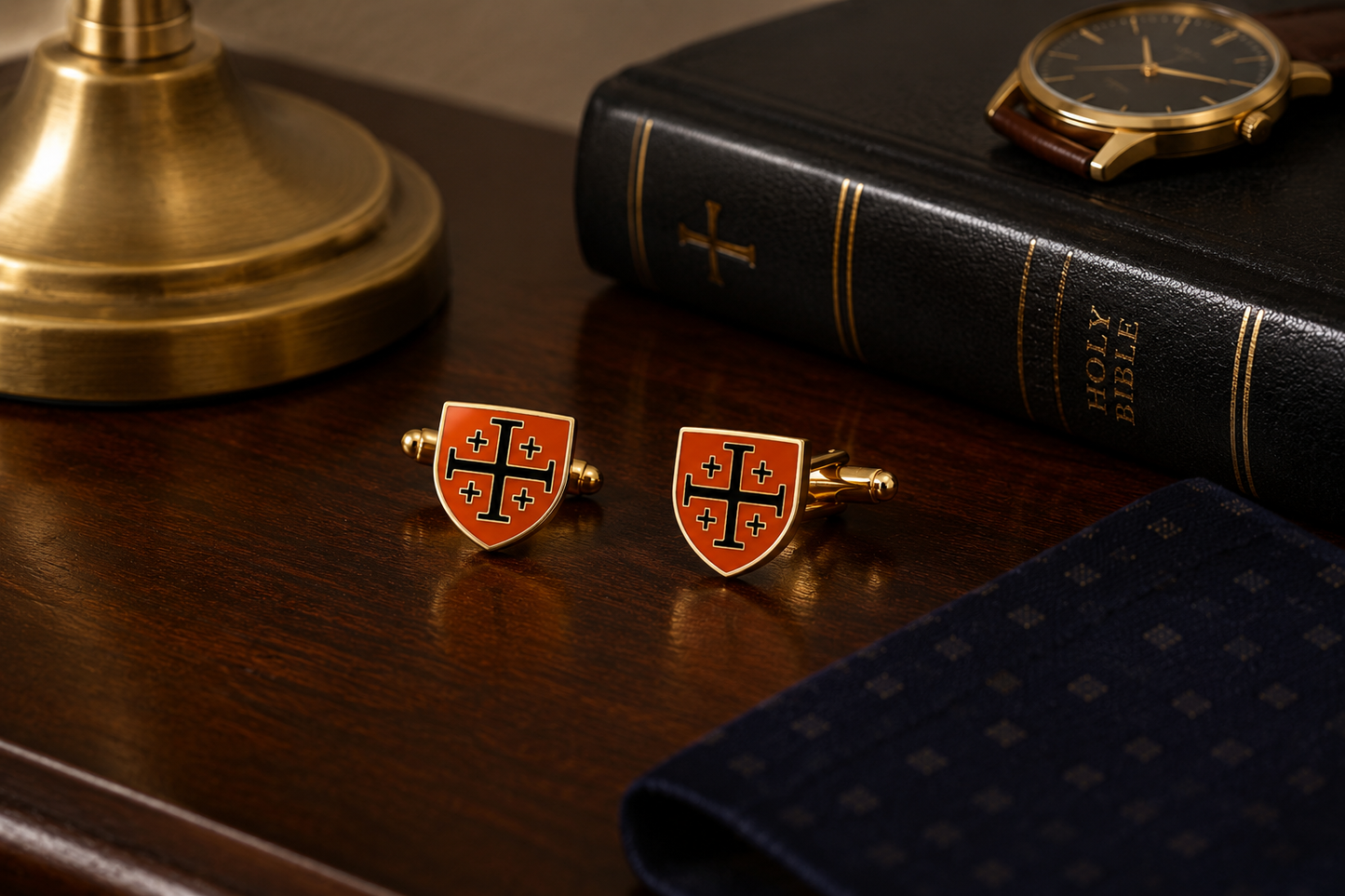Jerusalem Cross Orange & Black Enamel Christian Jewelry night stand