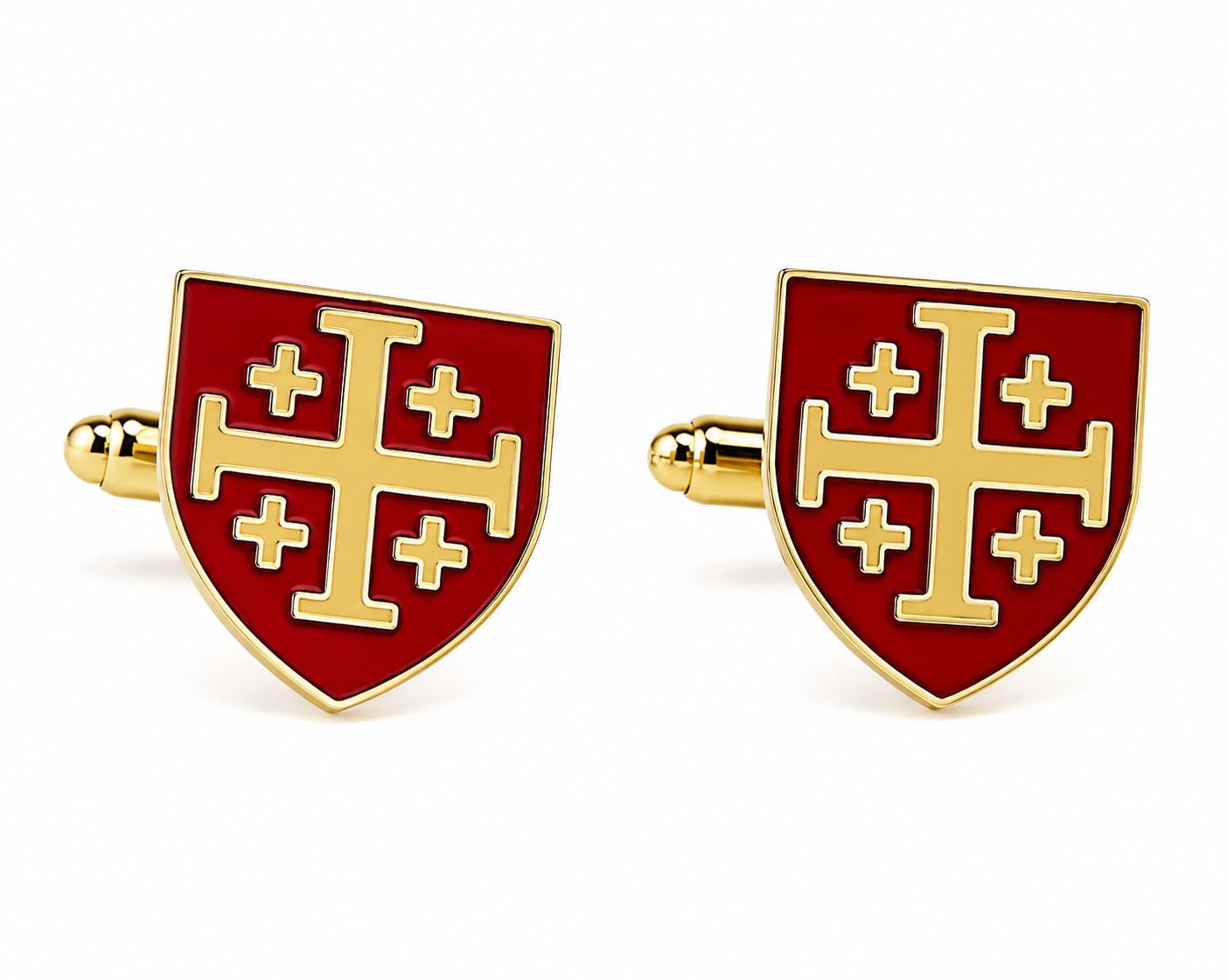 A pair of shield-shaped cufflinks featuring a red enamel background with a gold Jerusalem cross design, displayed on a clean white background.