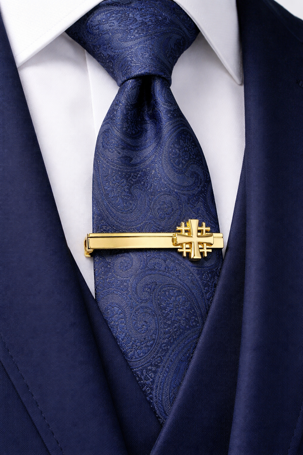 Christian gold tie bar with Jerusalem Cross design