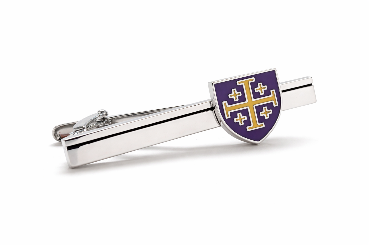 Jerusalem Cross shield silver tie clip with purple enamel and gold accents Christian accessory