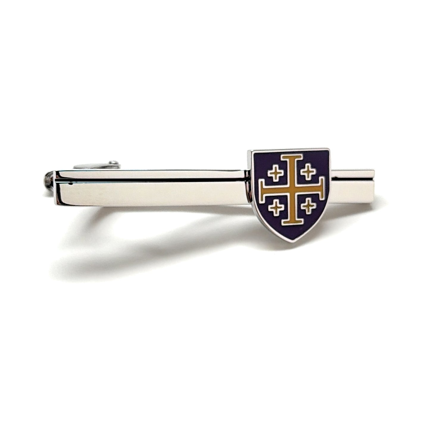 Jerusalem Cross shield silver tie clip with purple enamel and gold accents Christian men’s accessory