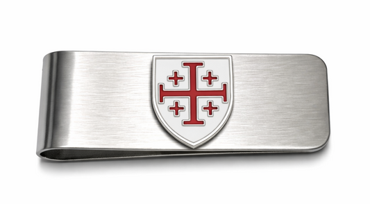 Silver money clip with a red and white emblem Jerusalem Cross stainless steel money clip Christian religious accessory for men on a white background