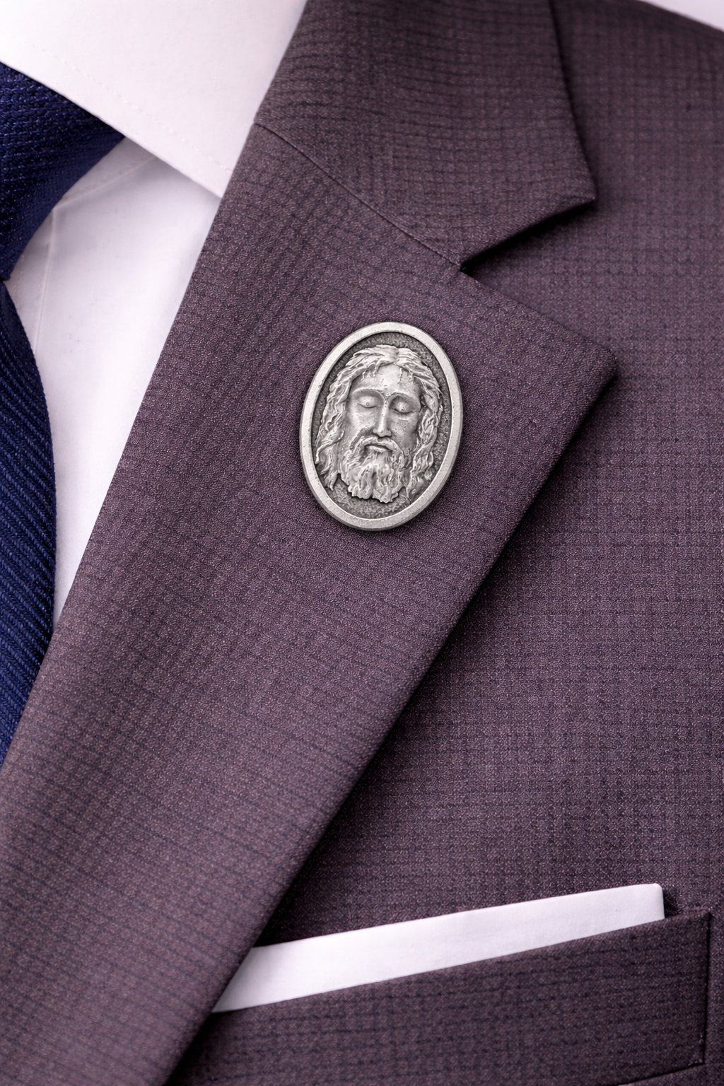 jesus christ lapel pin on suit jacket