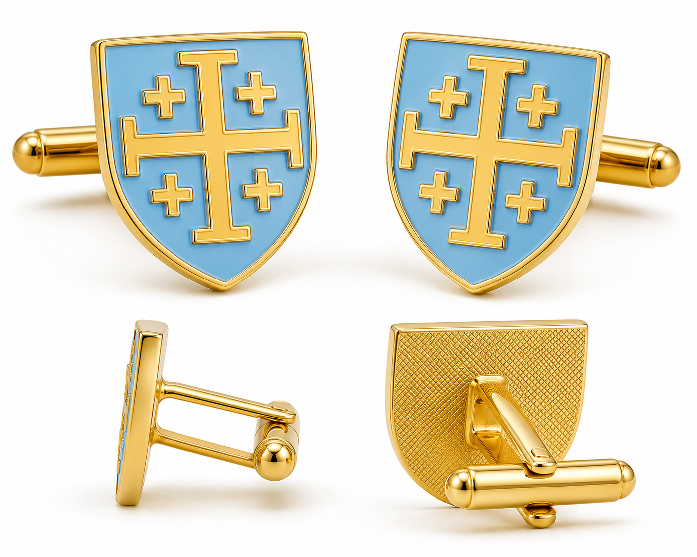 Gold and light blue Jerusalem Cross cufflinks featuring polished gold plating and Marian blue enamel shield on a white background.