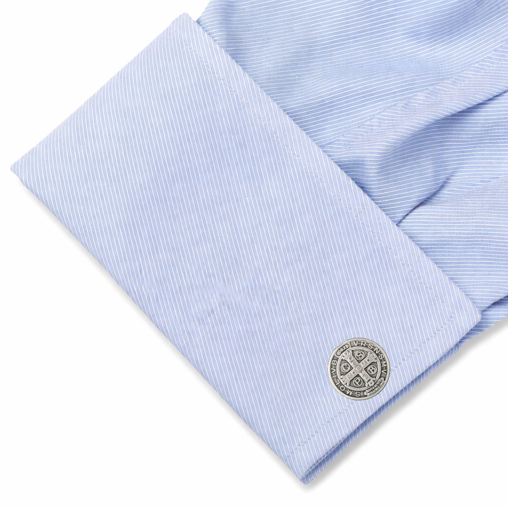 St. Benedict Medal Cufflinks  blue shirt 