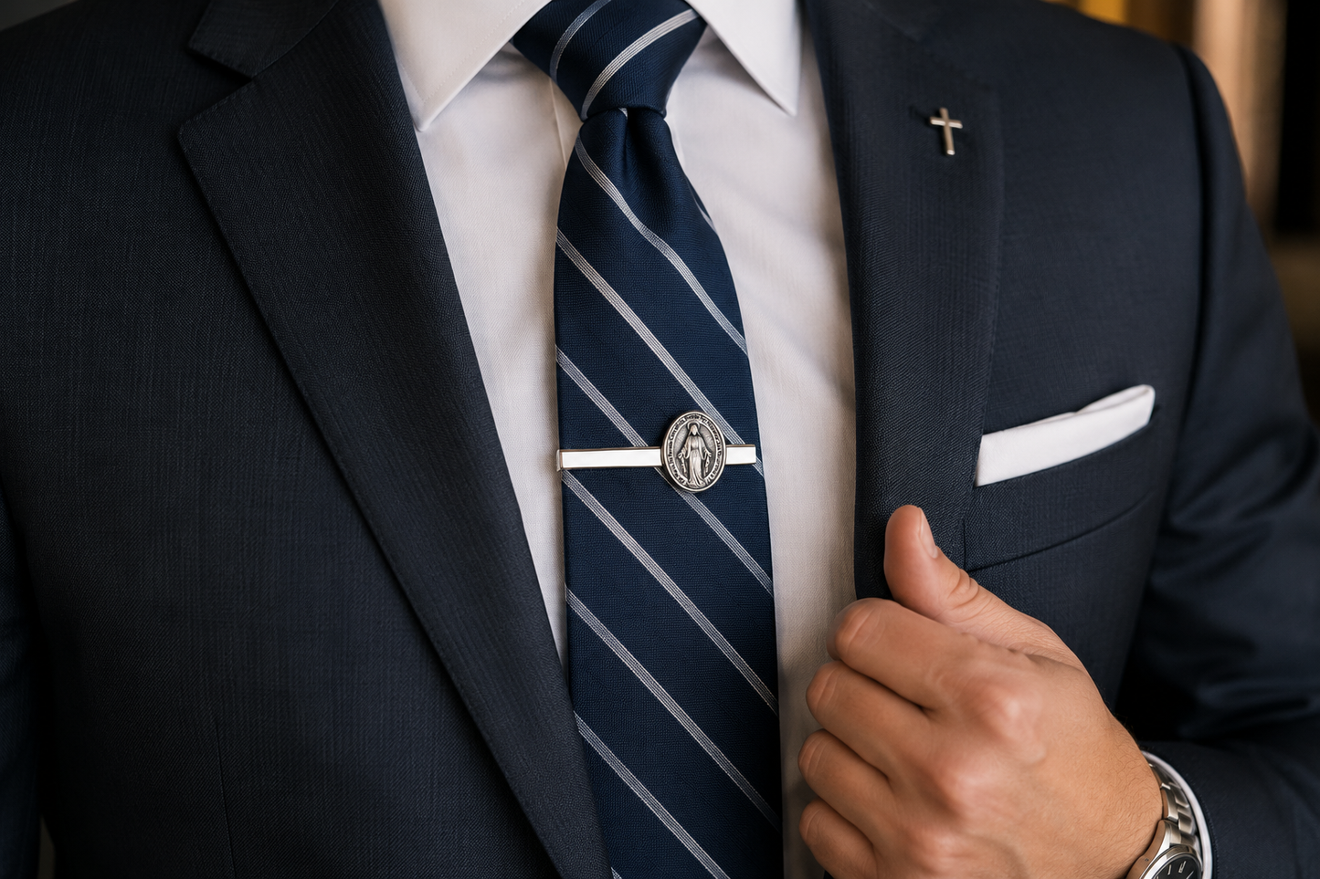 Person wearing a dark suit with a striped tie and white pocket square. Spanish Mother of Mary tie Clip