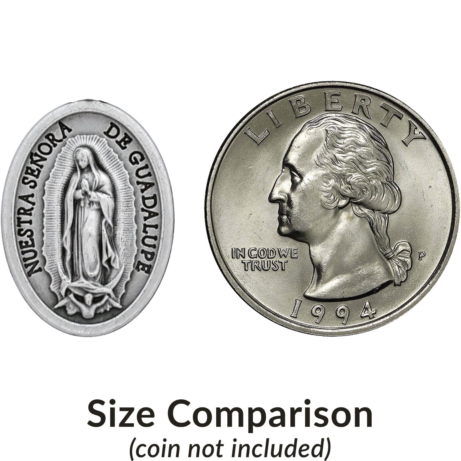 Two sides of a coin with religious imagery and 'Liberty' text, size comparison text below.