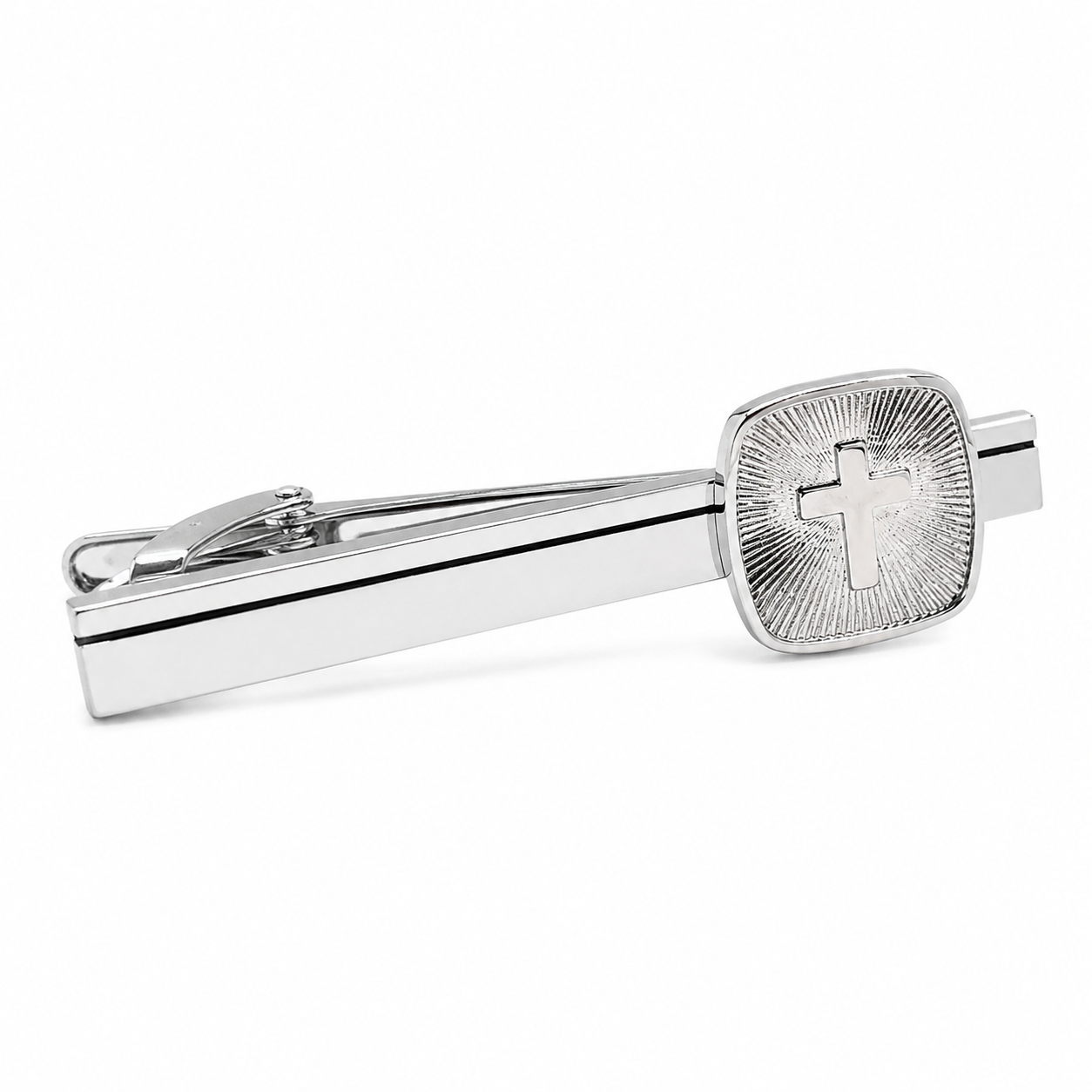 Silver tie clip with cross design on a white background