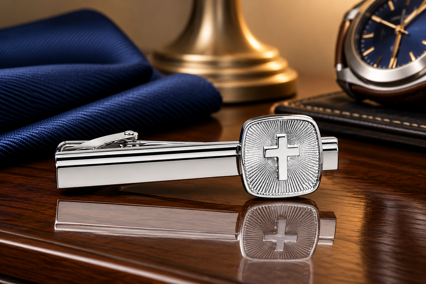 Silver cross cufflinks and tie clip on a reflective surface with a watch and blue fabric in the background.