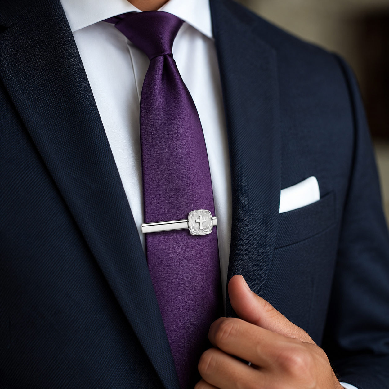 Man wearing a dark suit with a purple tie and silver tie clip, blurred background