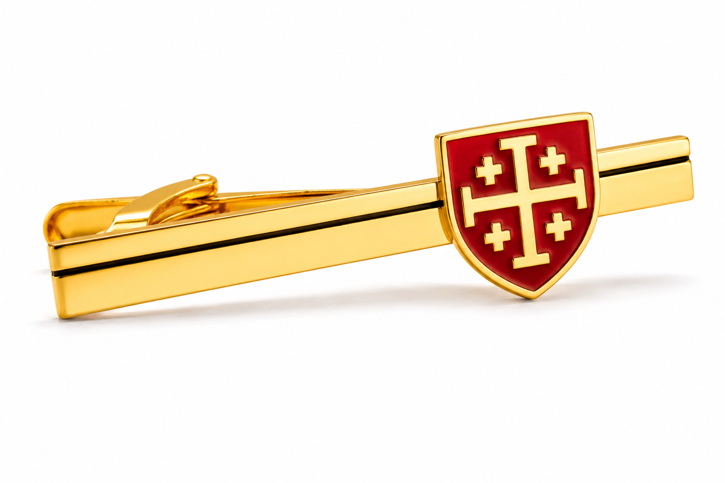 Gold tie clip featuring a polished red enamel Jerusalem Cross shield on a pure white background.