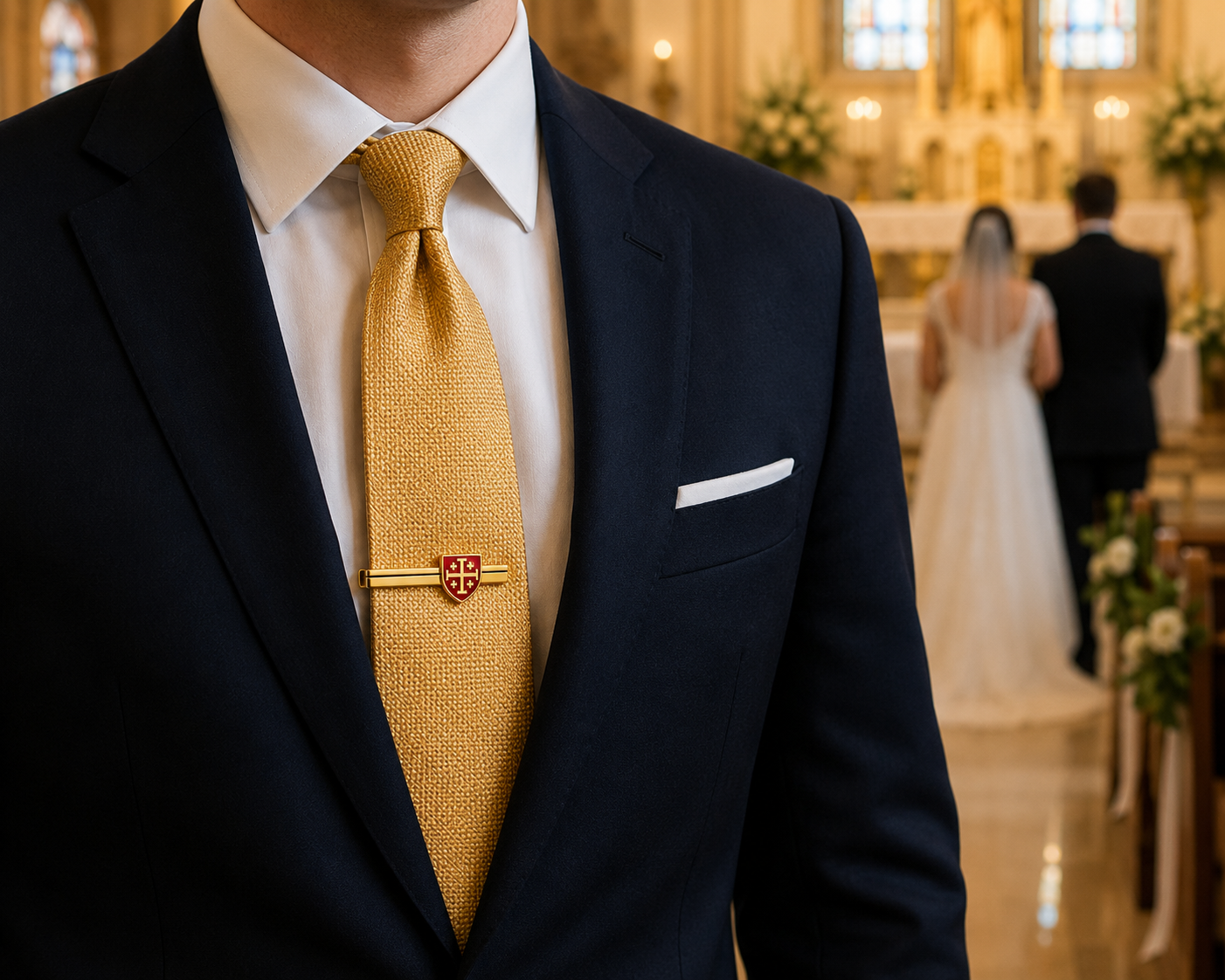 Catholic gentleman wearing a gold Jerusalem Cross tie clip with red enamel shield while attending church in a navy suit.