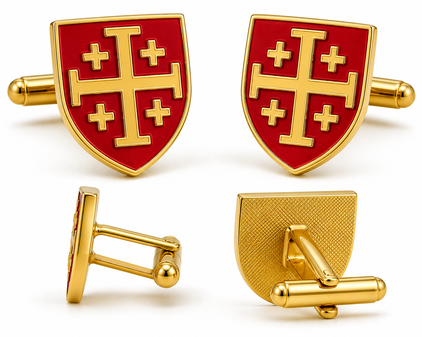Gold and red Jerusalem Cross cufflinks featuring polished gold plating and rich red enamel shield design on a white background.