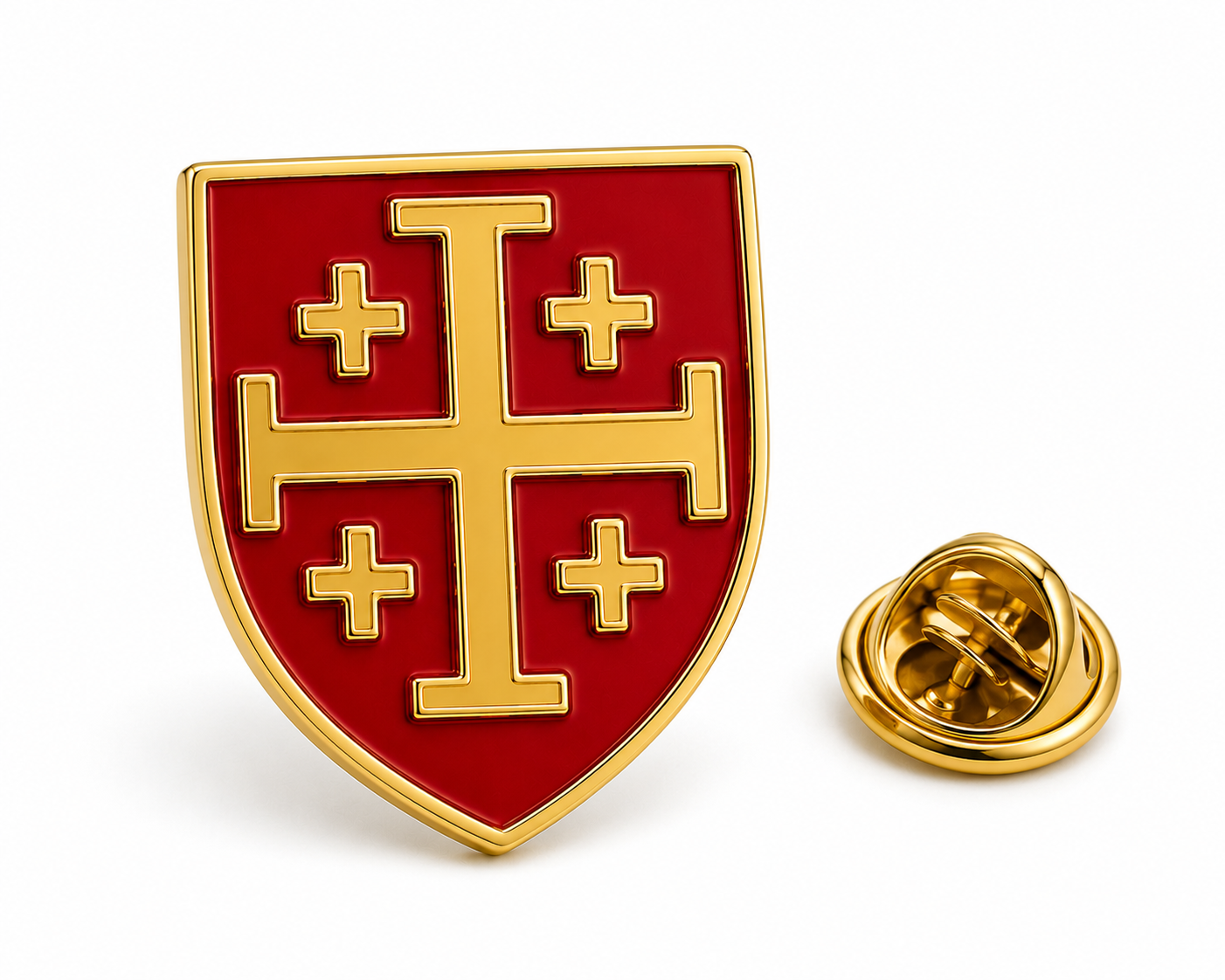 Red enamel Jerusalem Cross shield lapel pin with polished gold finish and removable butterfly clutch on white background.