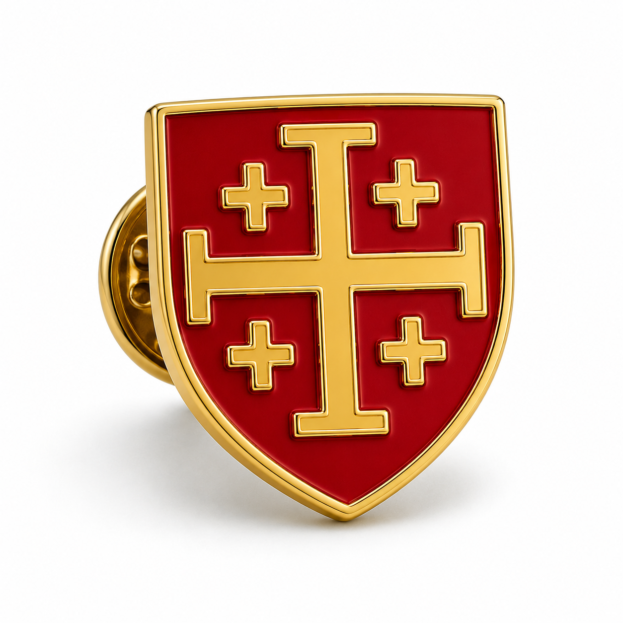 Gold and red Jerusalem Cross lapel pin with shield design and butterfly clutch backing for Catholic and Christian faith.