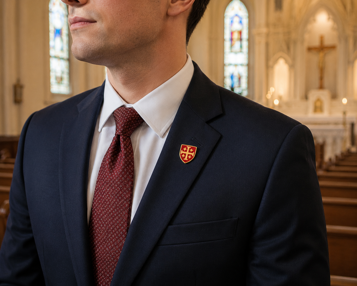Man wearing a gold and red Jerusalem Cross lapel pin on a navy suit jacket while attending church, symbolizing Christian faith and devotion.