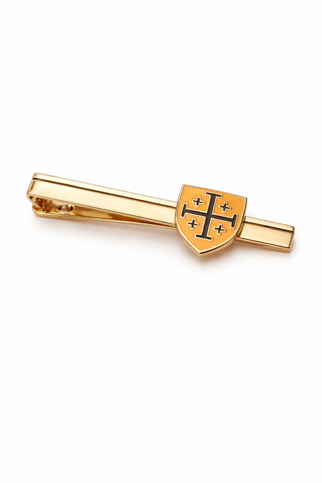 Religious gold tie clip with shield cross design