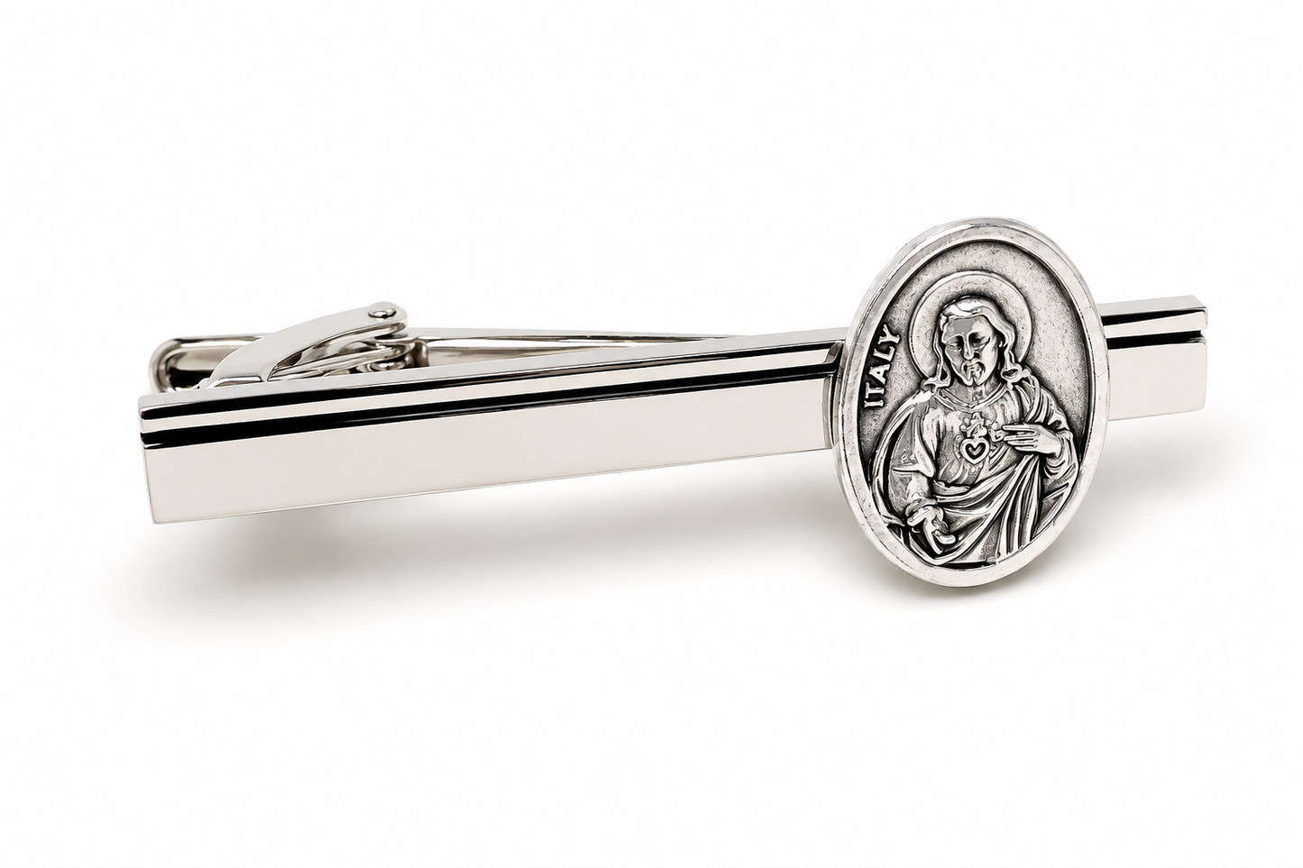 Detailed Sacred Heart of Jesus medallion on polished silver Christian tie clip