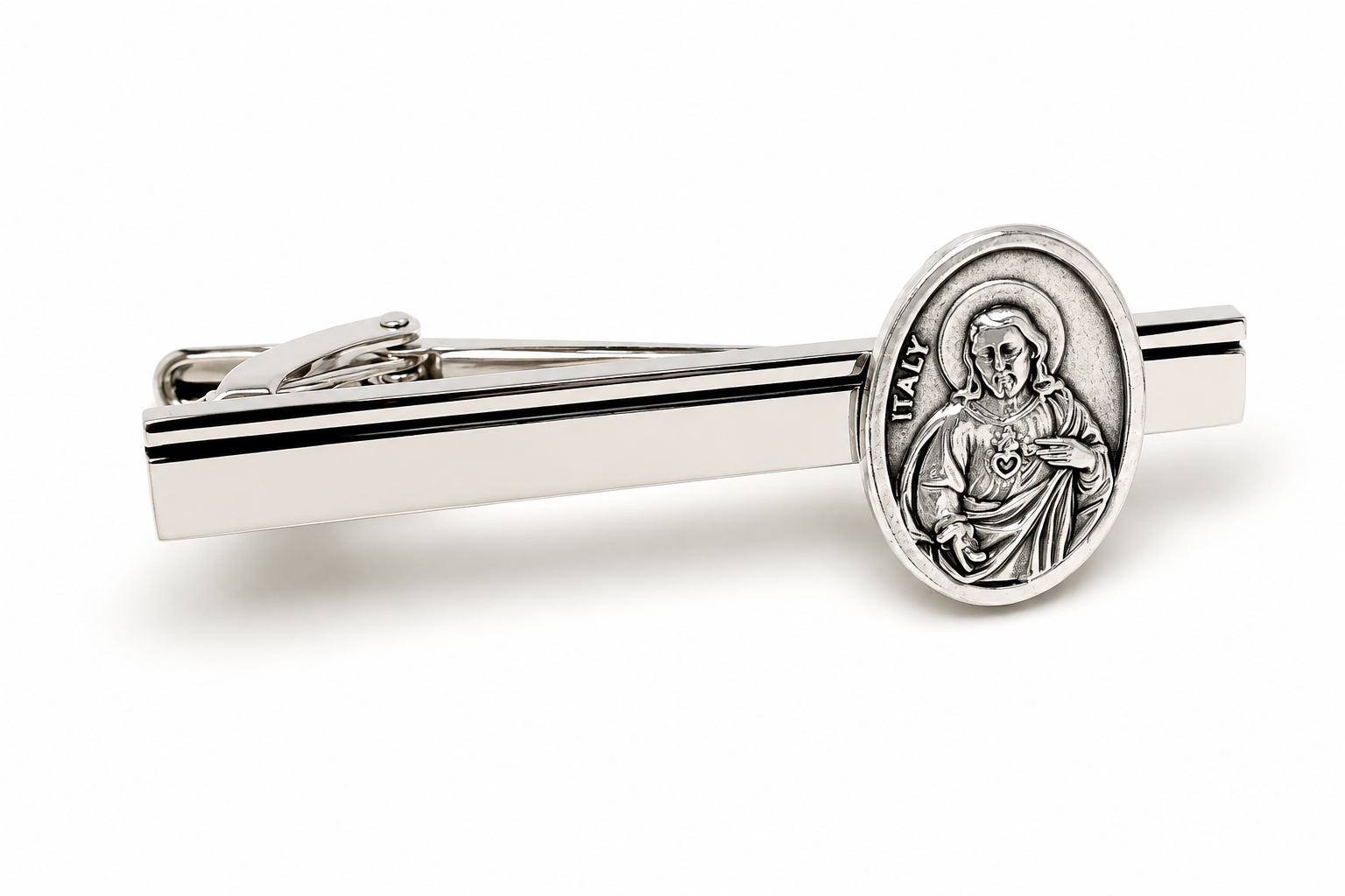 Detailed Sacred Heart of Jesus medallion on polished silver Christian tie clip