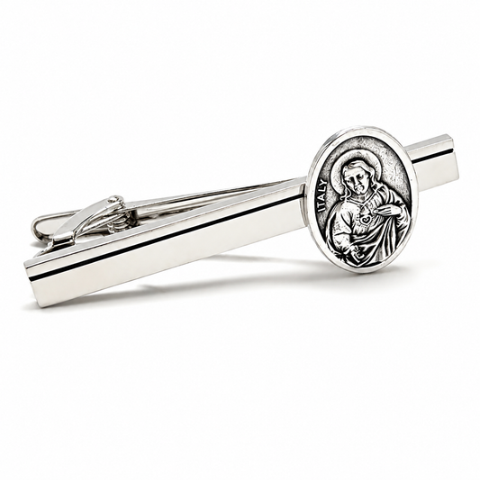 Sacred Heart of Jesus silver tie clip for men with black accent stripe on white background