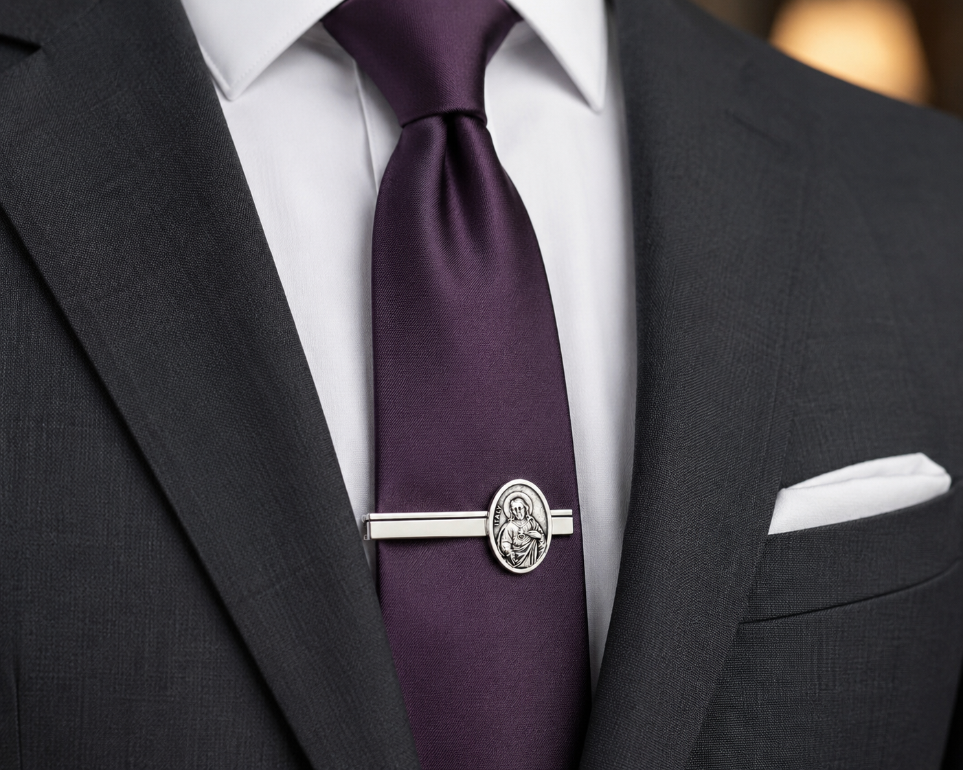 Catholic Sacred Heart tie bar worn on formal necktie for church and wedding attire