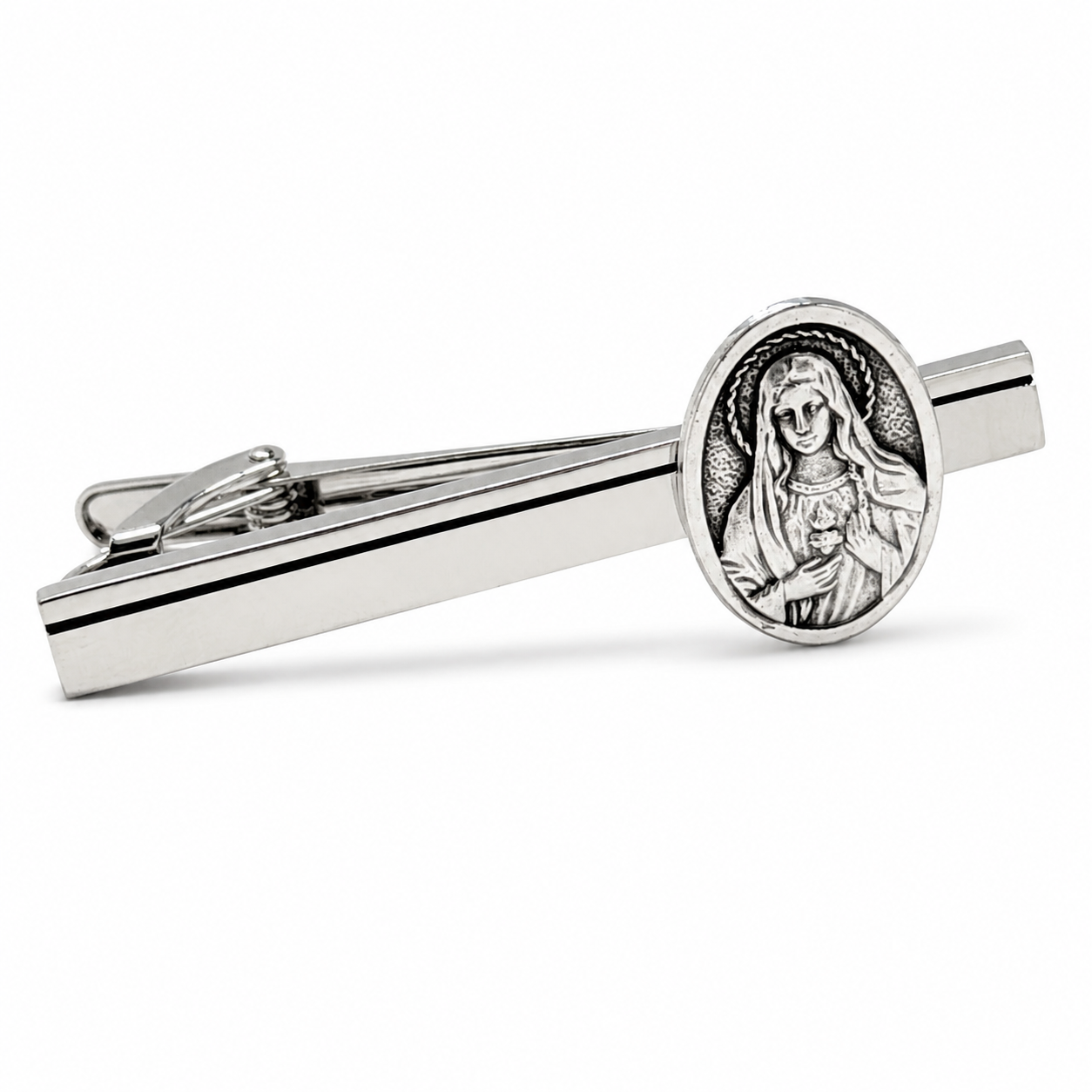 Sacred Heart of Mary silver Catholic tie clip for men on white background