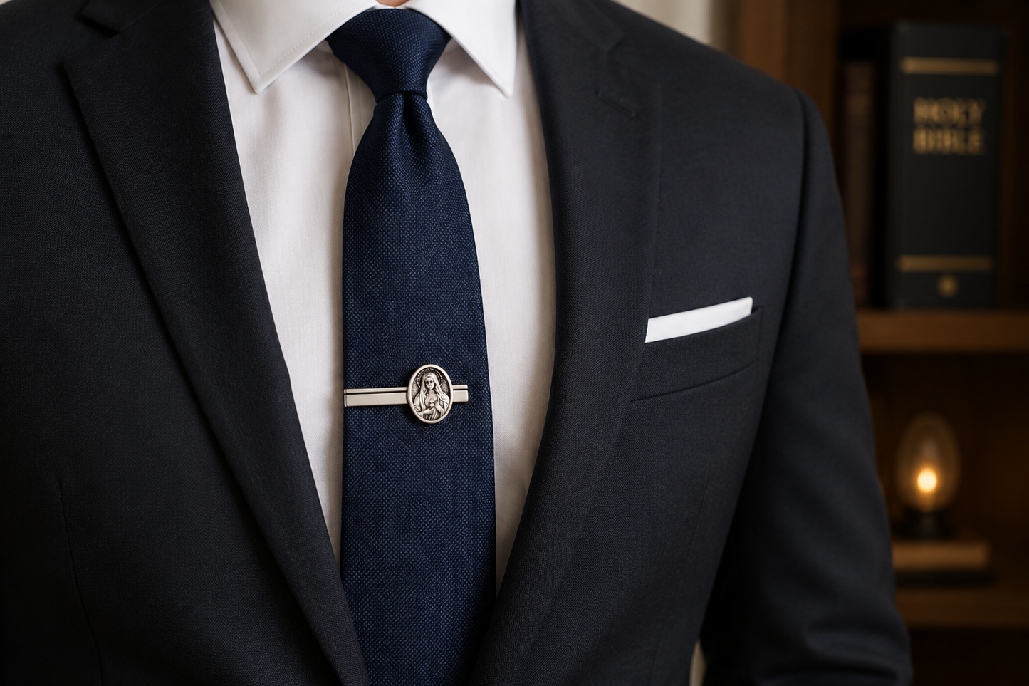 Handmade Catholic tie bar featuring Blessed Virgin Mary medallion