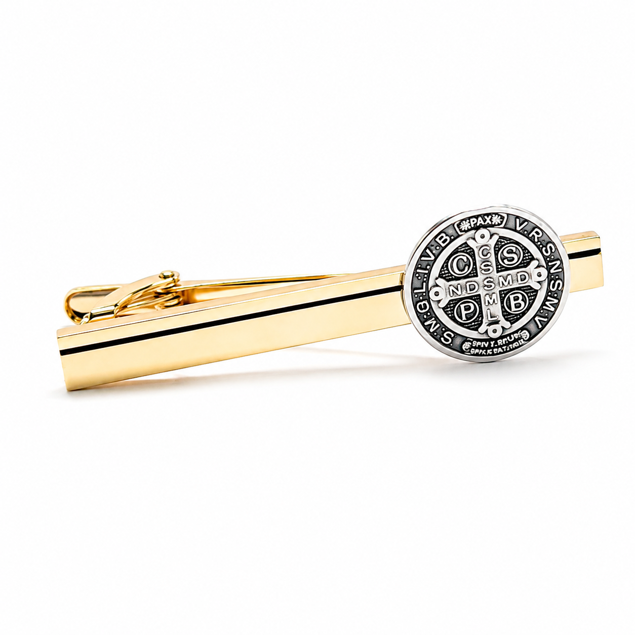 Saint Benedict Heritage gold tie clip featuring the Saint Benedict Medal handcrafted for Catholic men