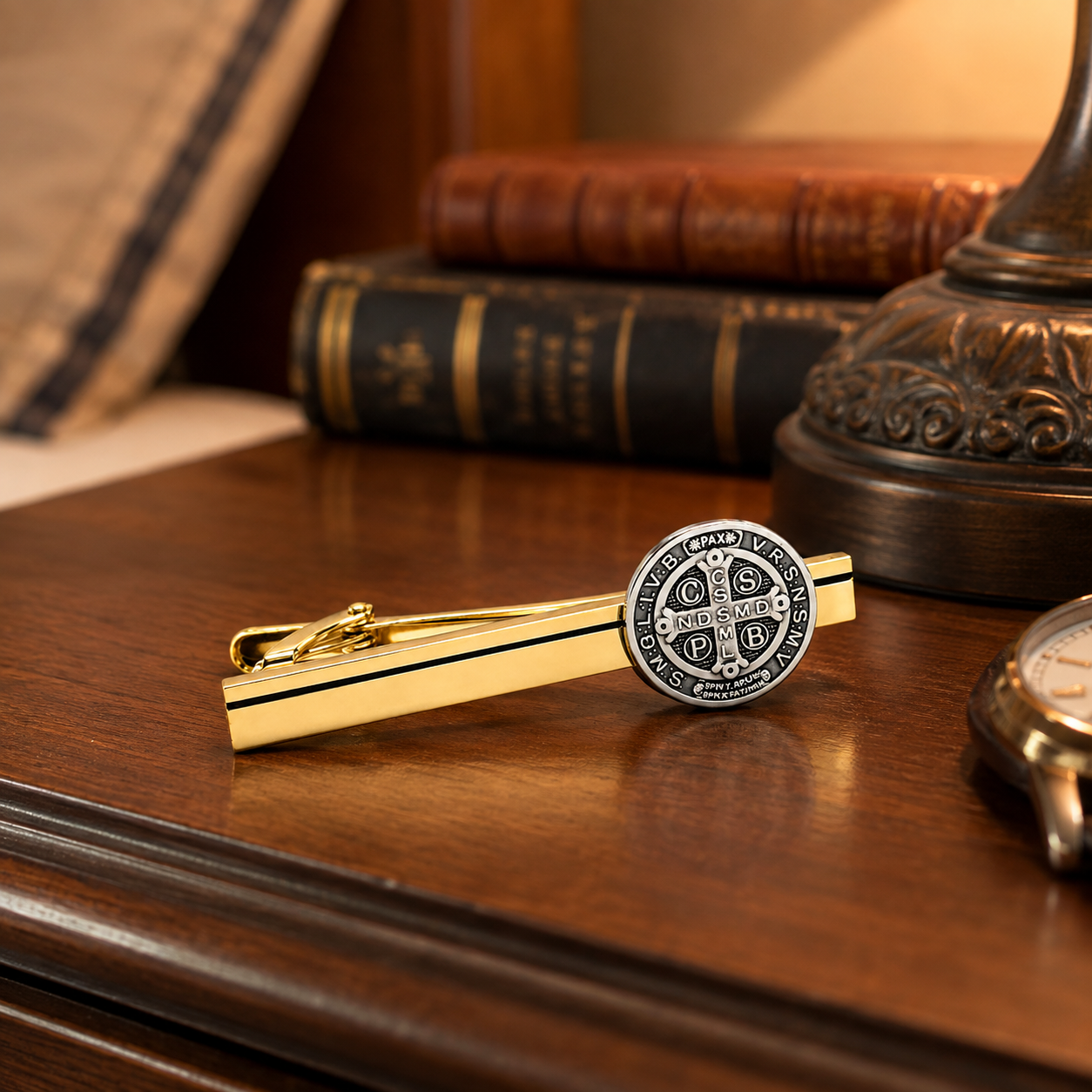 Saint Benedict Heritage gold tie clip featuring the Saint Benedict Medal handcrafted for Catholic men