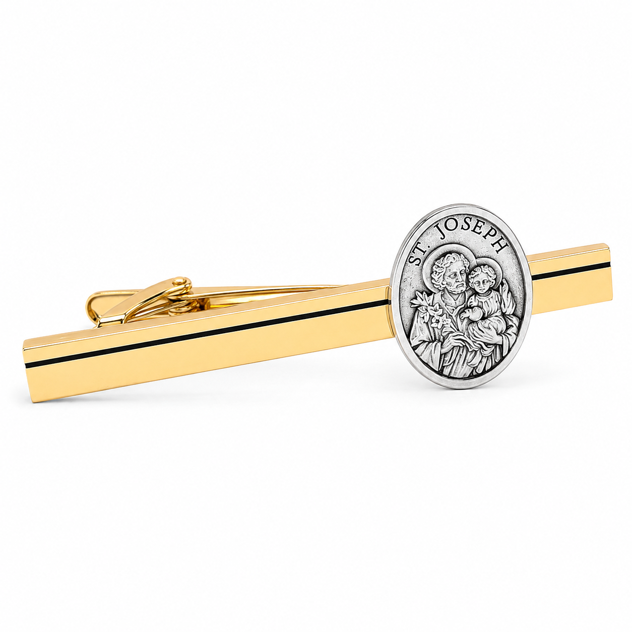 A gold tie clip featuring a silver-toned oval Saint Joseph medallion, shown on a clean white background.