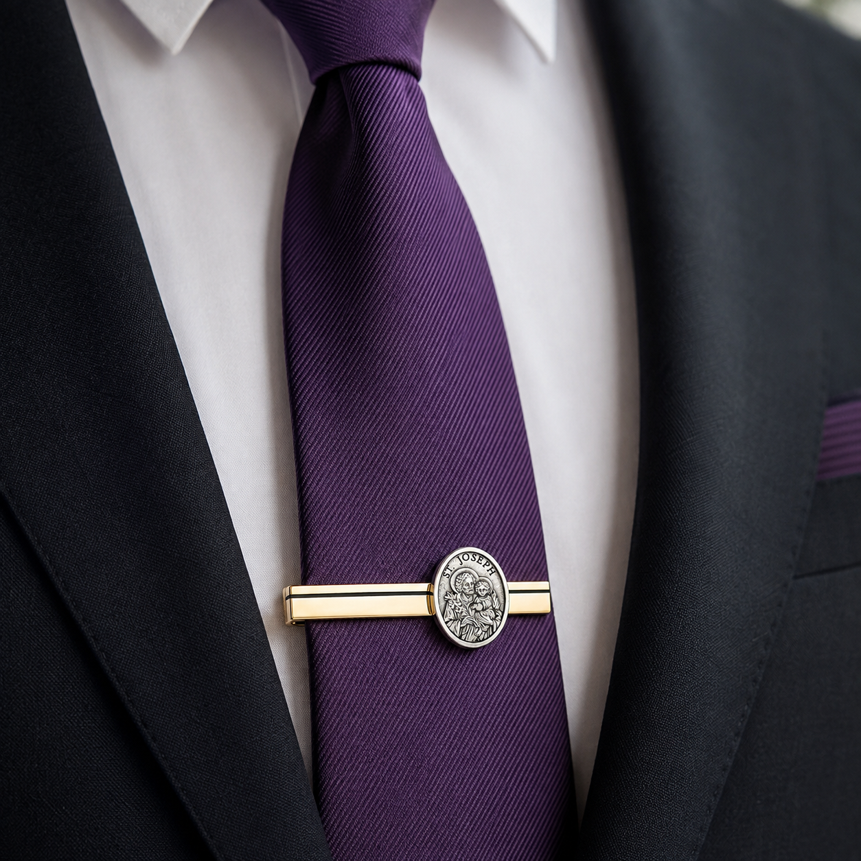 A close-up of a purple silk tie with a gold and silver tie bar, worn with a white dress shirt and black suit jacket.