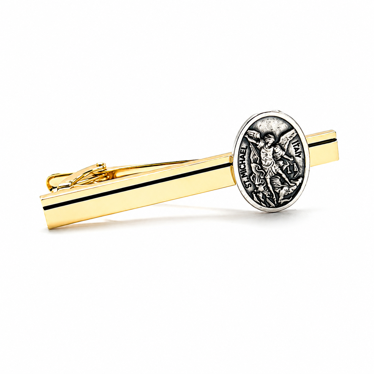 Saint Michael Gold Tie Clip with Authentic Italian Medal Handmade Men's Catholic Dress Accessory