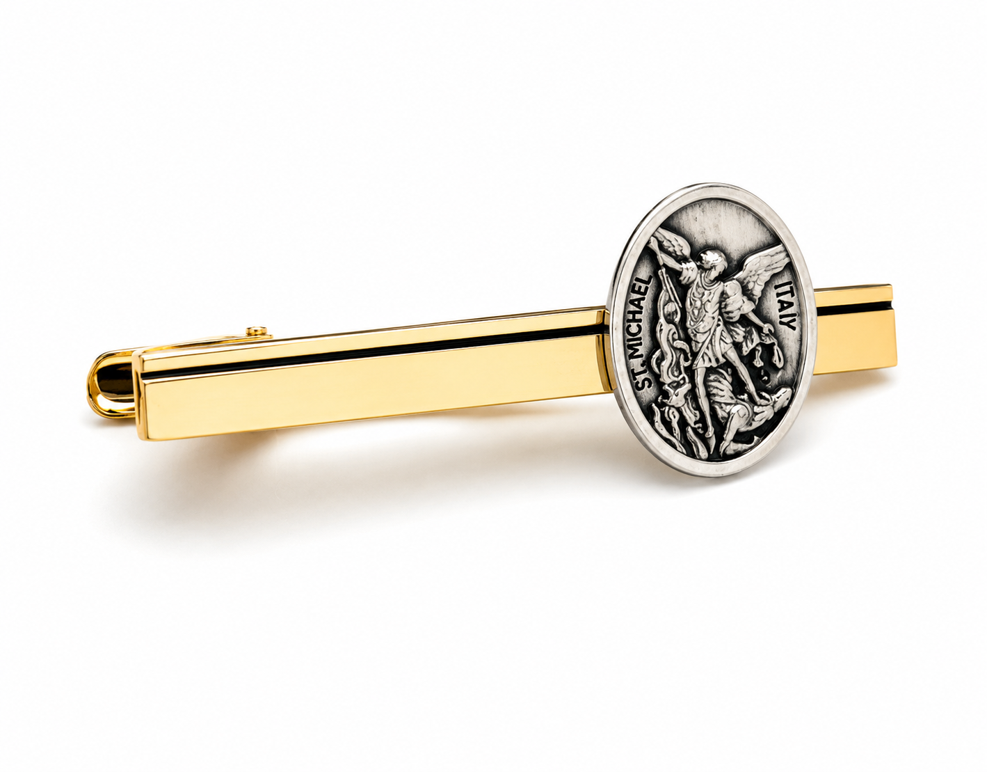 A gold tie clip featuring a round silver-toned medallion of Saint Michael the Archangel with 'MICHAEL' and 'ITALY' inscriptions, shown on a white background.