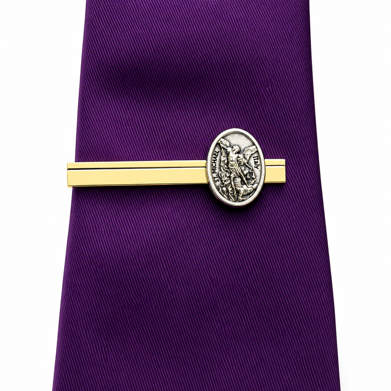 Saint Michael Gold Tie Clip with Authentic Italian Medal Handmade Men's Catholic Dress Accessory purple tie
