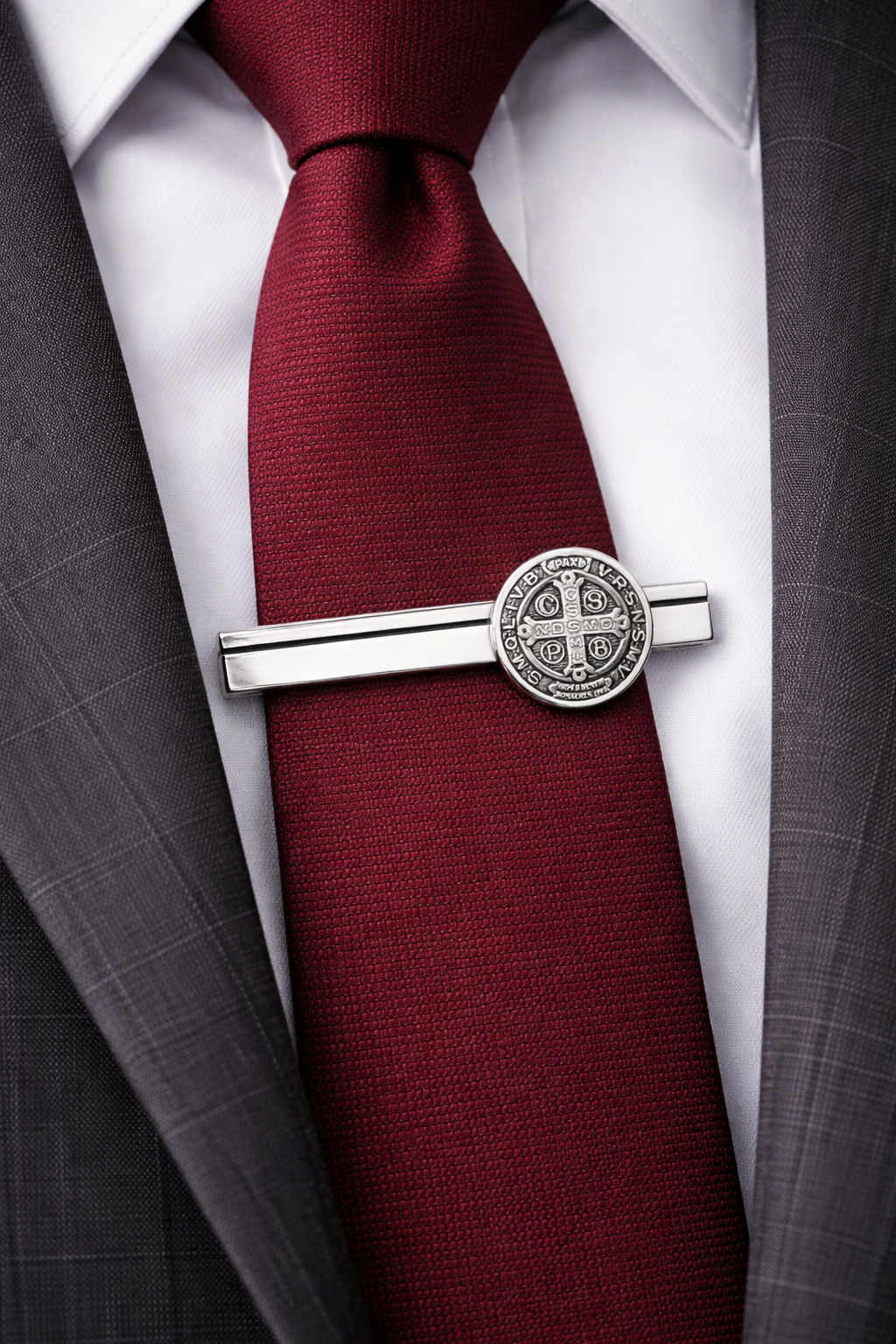 Catholic tie bar for men worn with suit and tie St Benedict medal