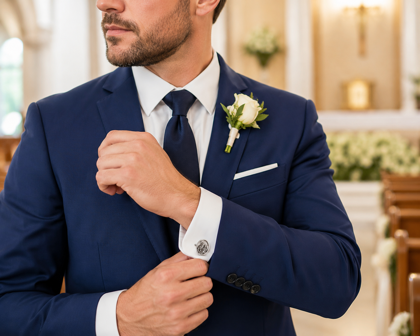 A man in a navy blue suit, white dress shirt, and matching navy tie adjusts his cuff while wearing a white rose boutonniere in a church setting.