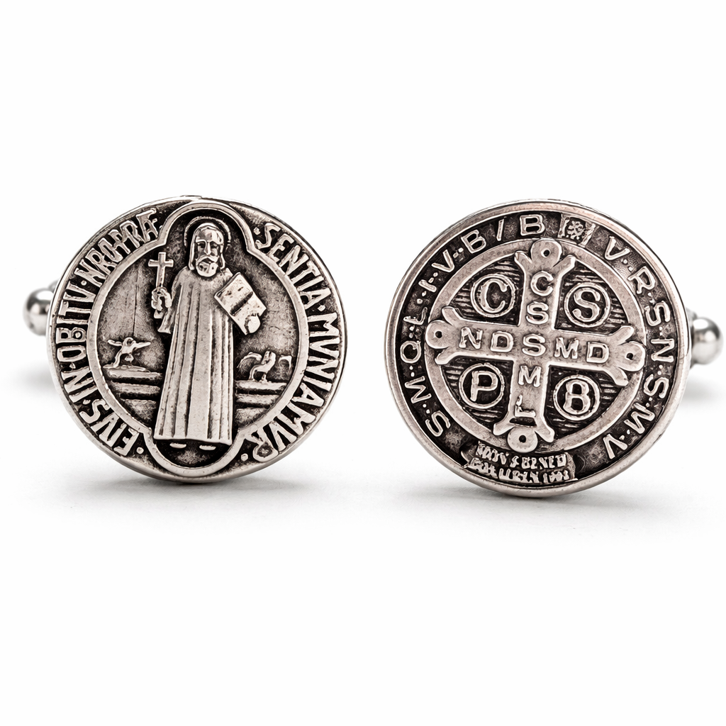 Pair of St. Benedicts cufflinks for men on a white background, showing intricate religious detailing.