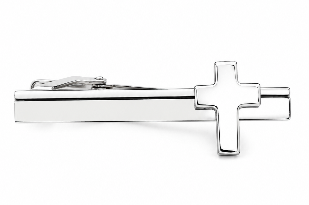 Silver Classic Cross Tie Clip isolated on a clean white background with polished silver finish and minimalist Christian cross design