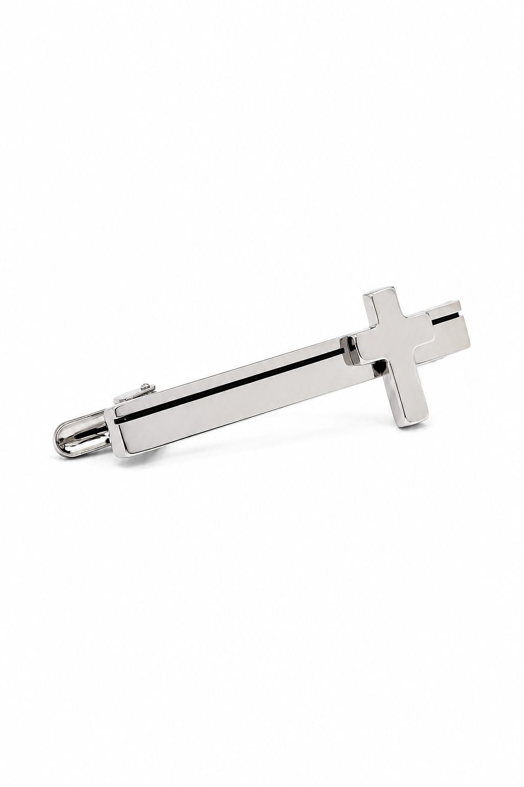 Silver cross-shaped tie clip on a white background