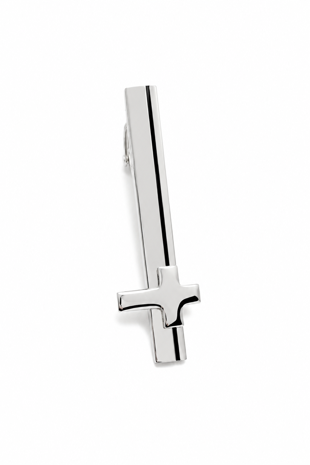 Minimalist silver Christian cross tie clip with sleek polished metal finish for weddings and business wear