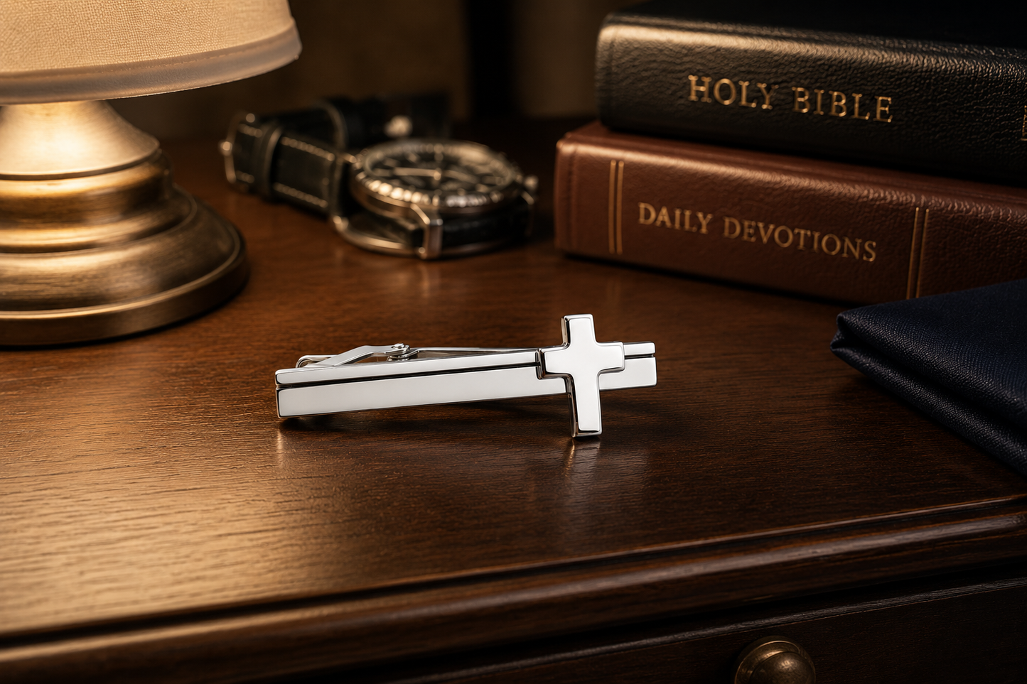 Silver cross tie clip on a wooden surface with books and a lamp in the background