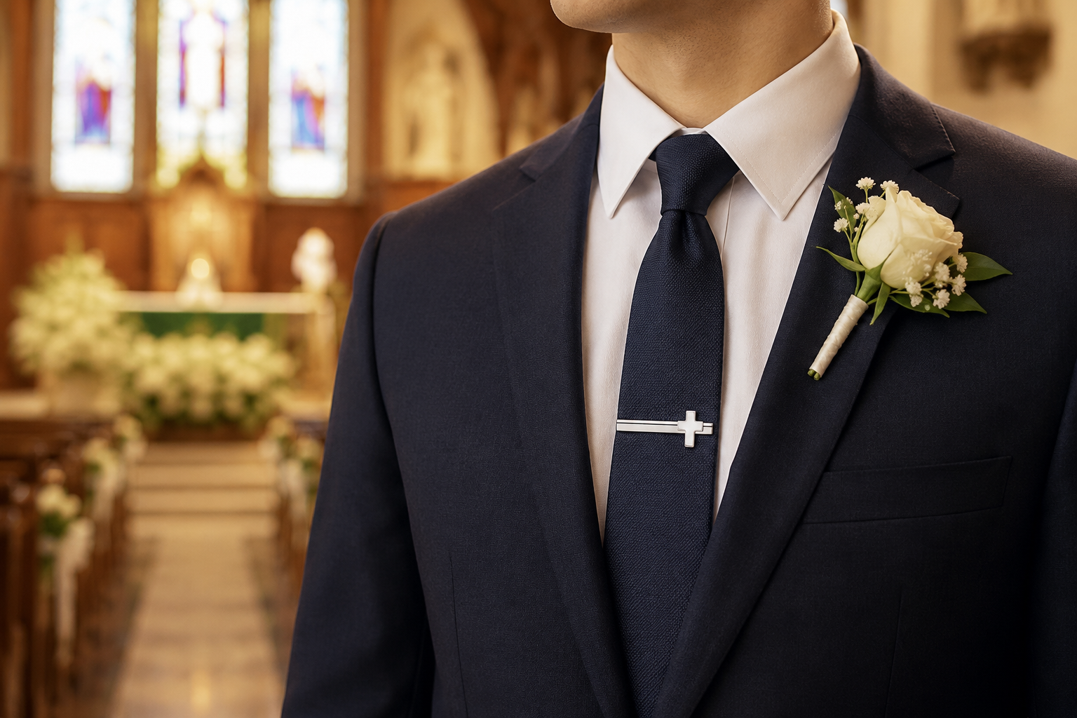 Man in a suit with a white flower boutonniere in a church setting