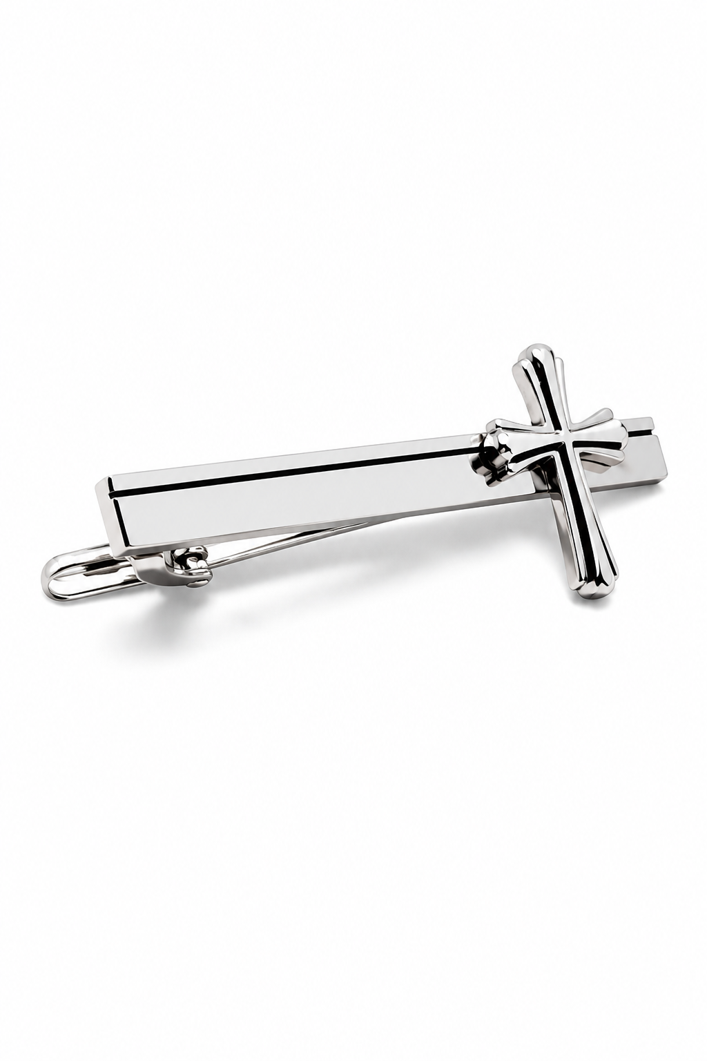 Silver tie clip with cross design on a white background